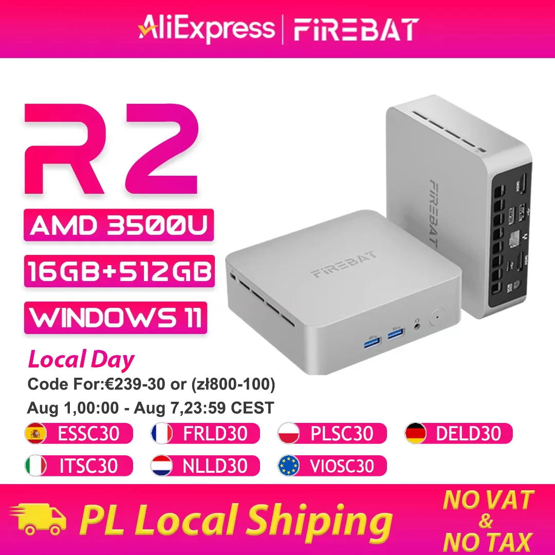 FIREBAT Mini-PC R2 AMD Ryzen 5 3500U (Schlägt N150/N97) 16GB RAM 512GB SSD Windows 11 Desktop-Mini-Computer Dual 4K-Display WIFI5