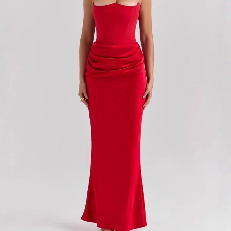 

European and American New Multi-color Waist Tube Top One-word Shoulder Fishbone Pleated Long Hip-wrapped One-piece Dress Satin