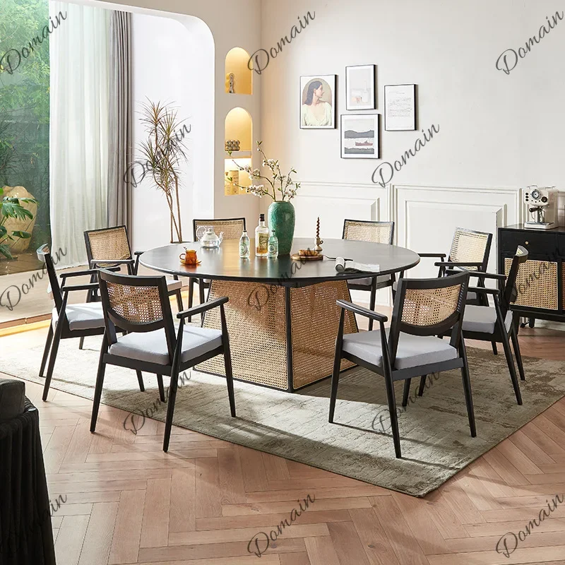 81 N Wabi Sabi Rattan Solid Wood Dining Table Set with Lazy Susan Round Table for Restaurant Hotel Home