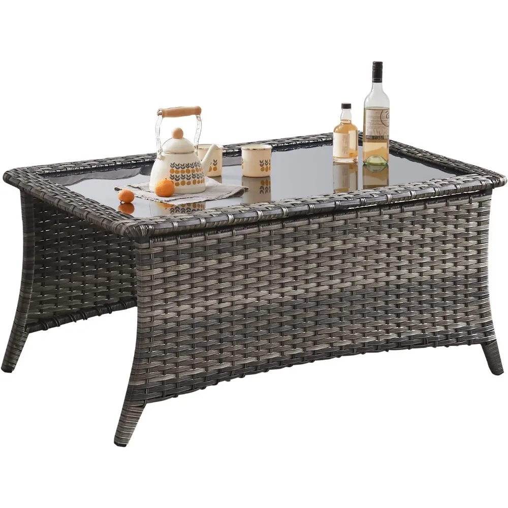 

Outdoor Coffee Table with Tempered Glass Top, Patio Rectangular Mixed Grey Wicker Table, Handwoven Rattan Coffee Table Compatibl