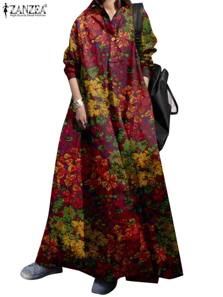 2024 ZANZEA Women Autumn Dress Vintage Floral Print Long Sleeve Sundress Bohemian Lapel Neck Loose Holiday Vestido Cotton Dress