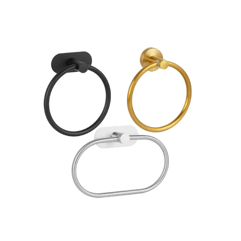 Stainless Steel Towel Holder Self-adhesive Bathroom Towels Rack Black Washhand Hanger Ring Rail Bar Kitchen Storage Accessories