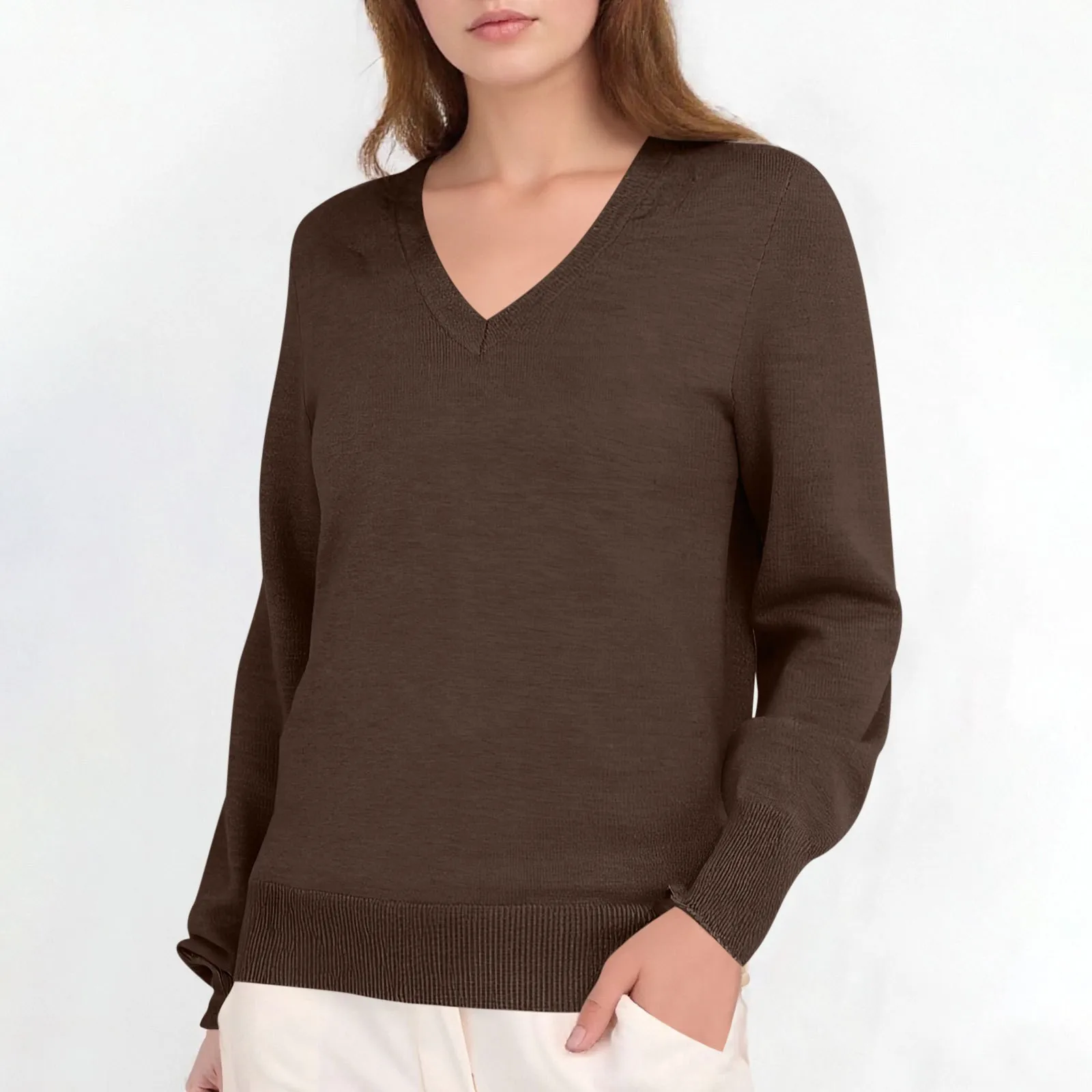 V Neck Pullover Sweaters with Regular Length Graceful Elegant Women Sweater Long Sleeve Medium Weight Heat Set Finish Single