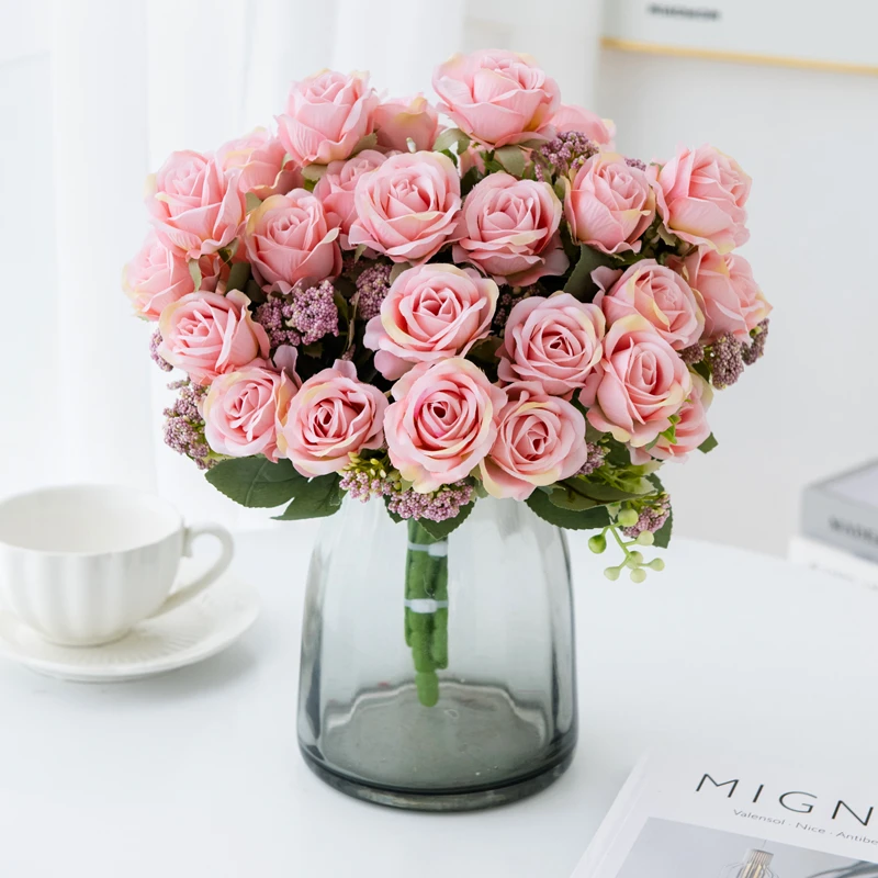 1 قطعة الزهور الاصطناعية الحرير باقة الورد لعيد الميلاد حديقة المنزل الزفاف باقة الزفاف الديكور تشكيلة زهور ذاتية الصنع #3