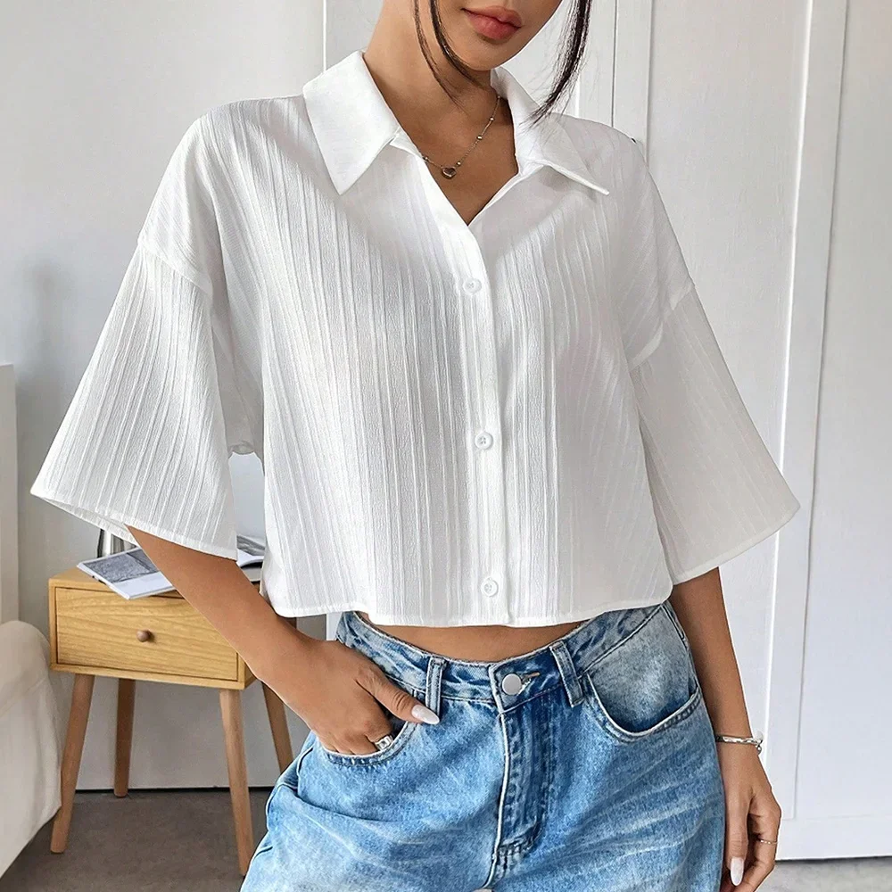 

Рубашки, летние повседневные простые однотонные однобортные рубашки с коротким рукавом и воротником, повседневные рубашки для женщин