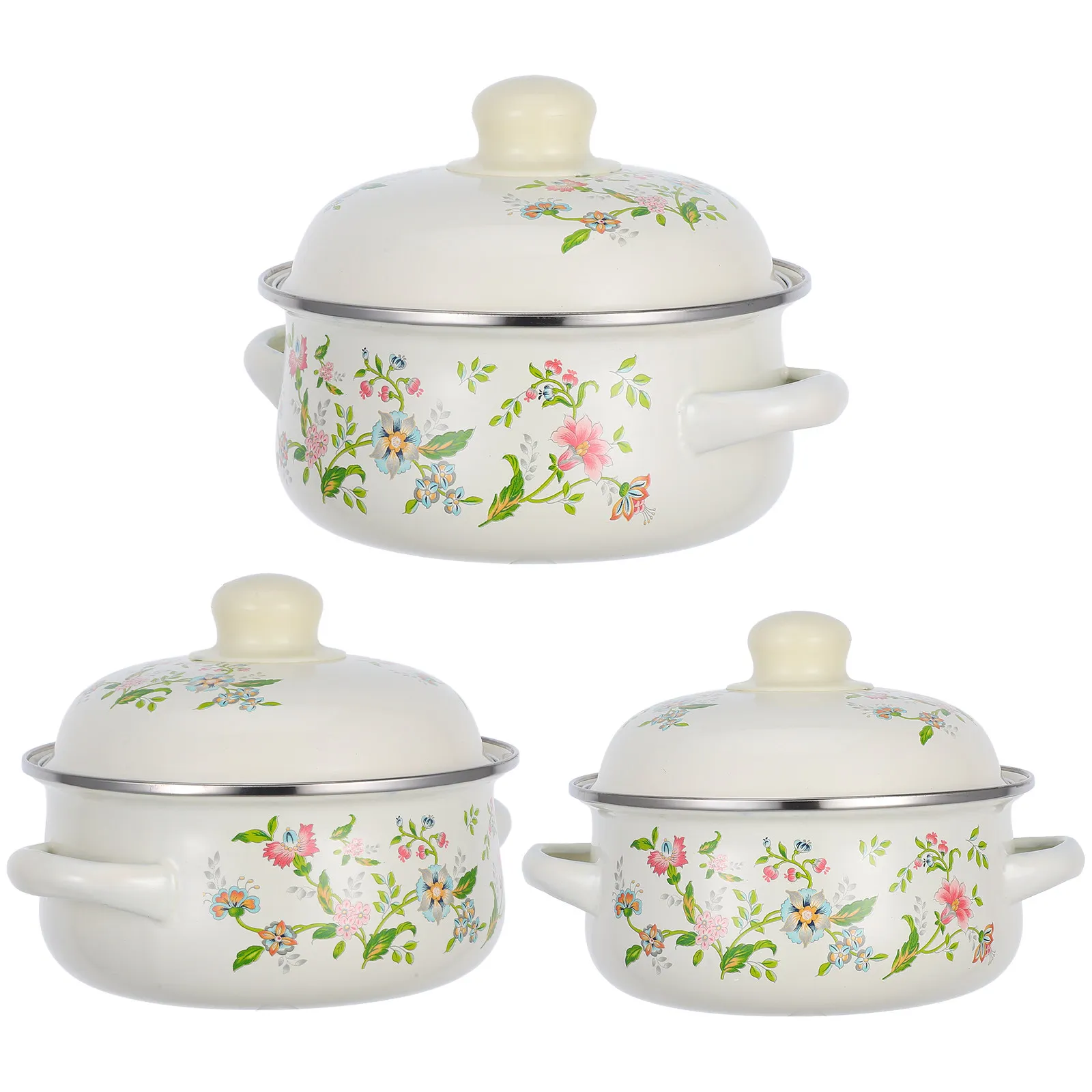 

3Pcs Enamel Mini Stock Pot Set with Lid Double Handle Purple Floral Design Heat Resistant Easy Clean Vintage Stew Simmer Soup