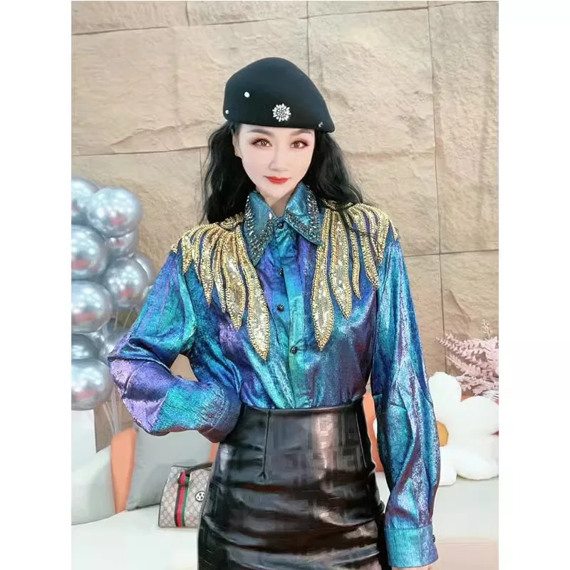 Luxury Diamond New Women Long Sleeve Shinny Shirts Spring Blouses Sequins Party Golden Flowers Beadings Blouses Tops NZ177