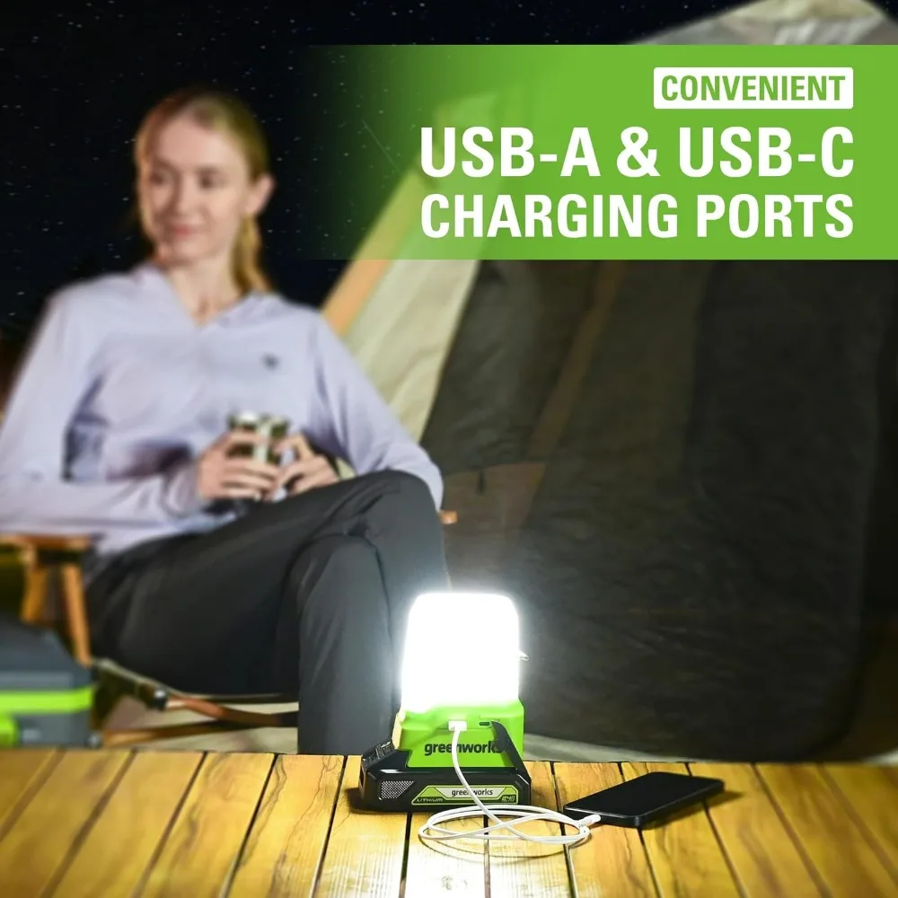 Greenworks-Lanterna sem fio para Camping, 500lm Kit Luz, USB A e USB-C Port, 2Ah bateria e carregador incluído, 24V