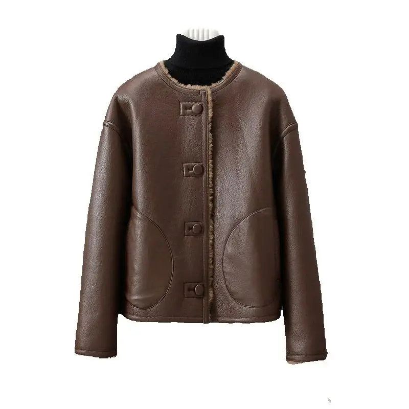 البني س الرقبة الخريف الشتاء سترة المرأة الفراء الربط بولي معطف معطف جلد كم طويل واحدة الصدر ملابس خارجية دافئة #6