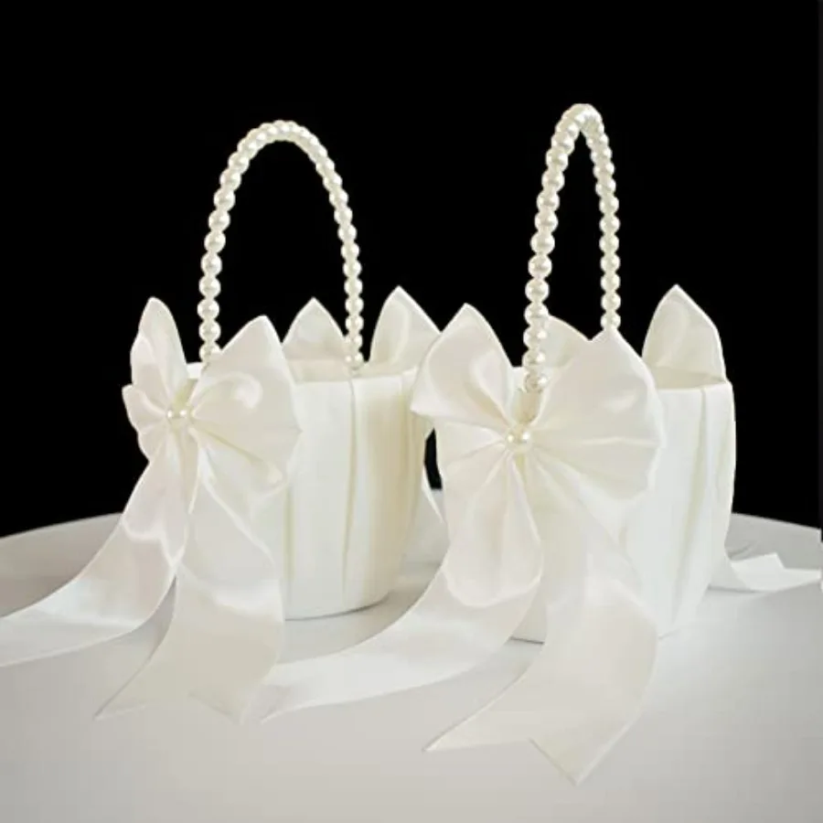 

Flower Girl Basket with Pearl Handle, Ivory Fariy Wedding Baskets for Flower Girls, Set of 2