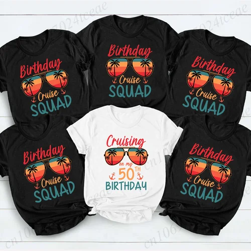 남녀공용 캐주얼 반팔 티셔츠 풀오버, 생일 크루즈 스쿼드/크루 프린트, 생일 여행 상의, 신제품
