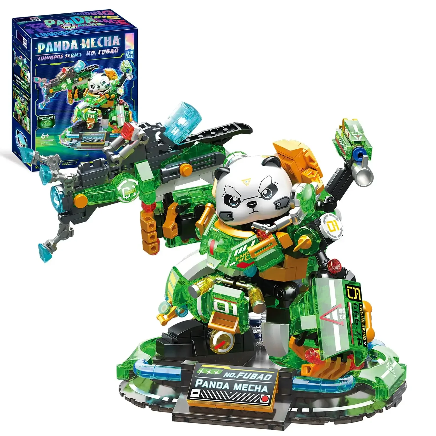 

618PCS Green Panda Mecha Building Blocks Creative Luminous Building Bricks Figure Model Desktop Ornaments Kids DIY Toys Gifts