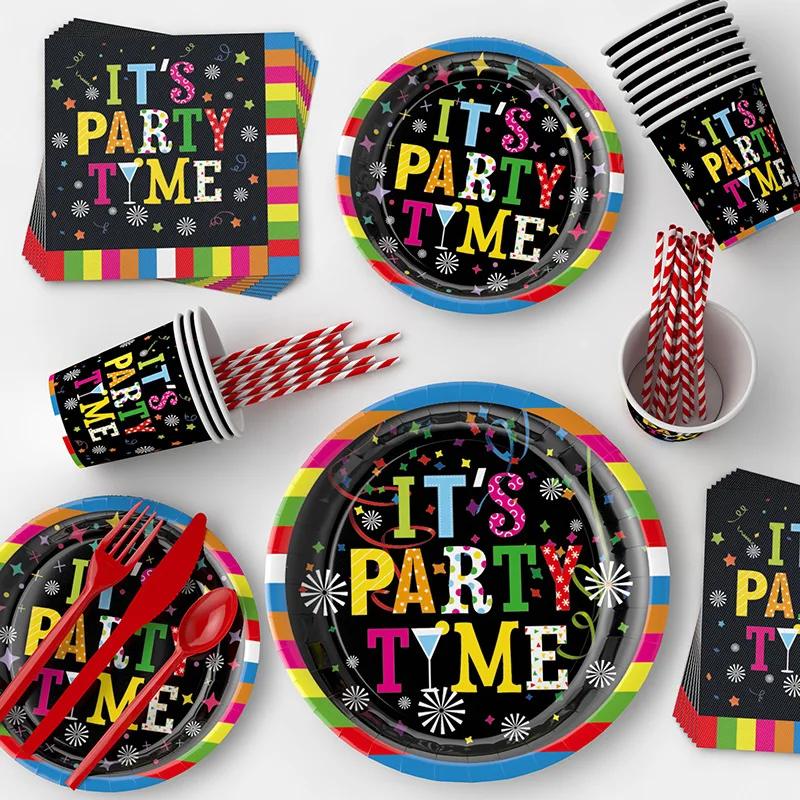 8Guest It's Party Time Tableware Paper Plates Napinks Cups Happy Birthday Party Decor Kids Boy Girl Adults Rave Party Supplies