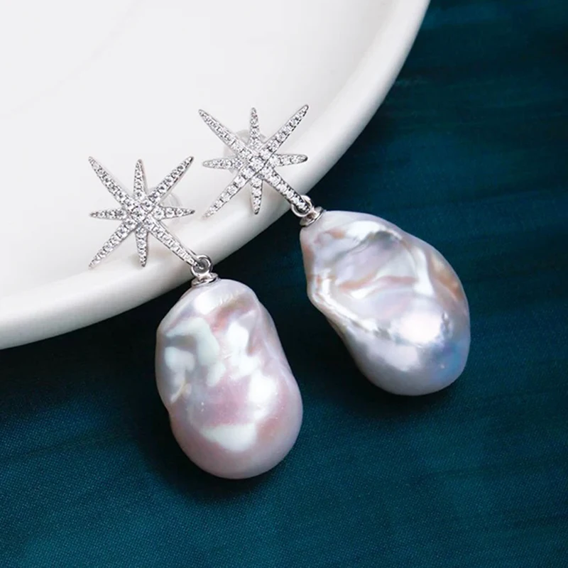 Powerful Presence Jewelry Large Natural Pearl Stud Earrings with 14K Gold-Filled Star and 14-16mm Random Shape Baroque Pearls