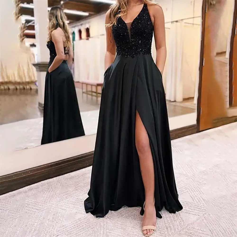 

Sexy V-Neck Lace Backless Evening Dress A-Line Side Slit Prom Party Gown Lace Applique Formal Wedding Guest Cocktail Dress