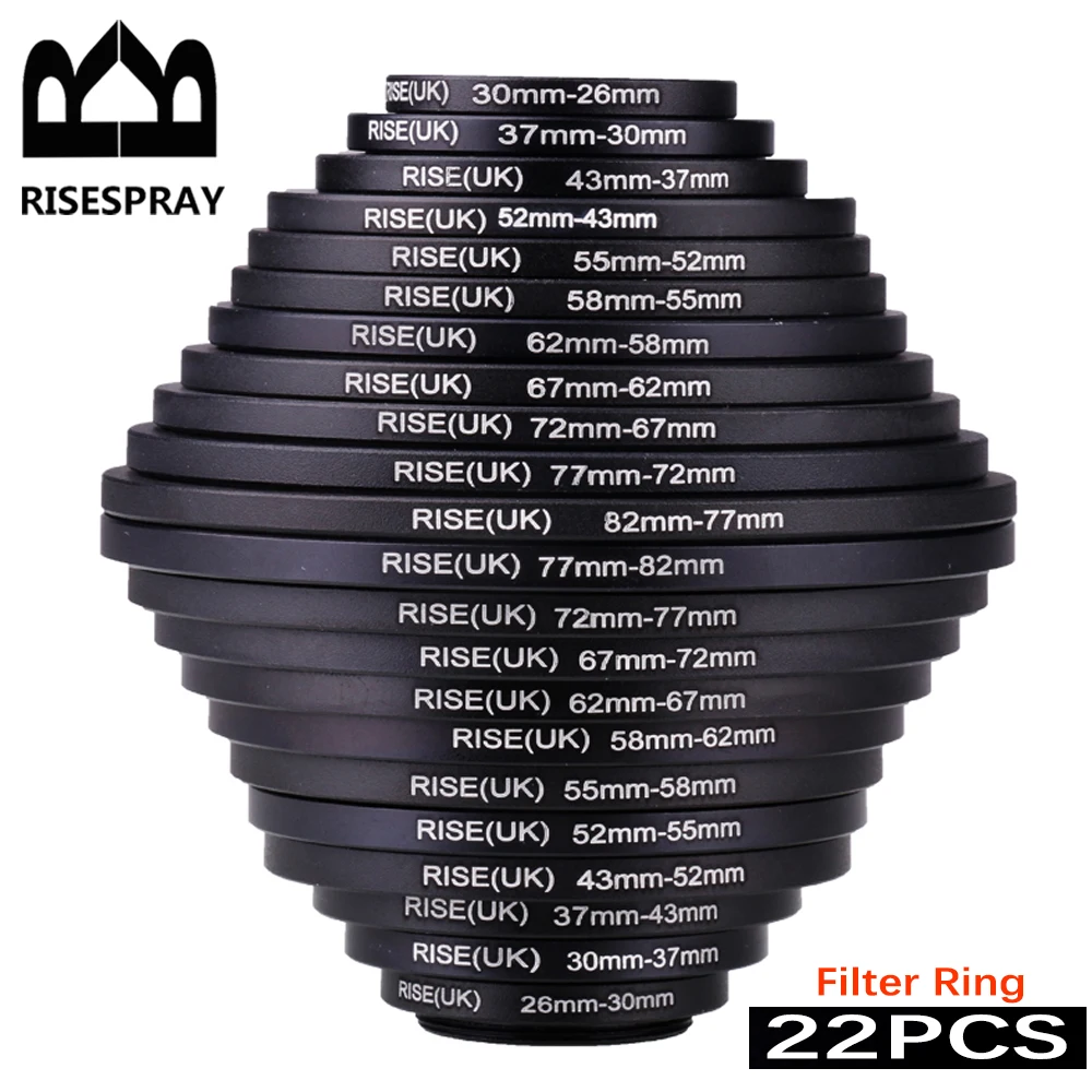 RISE (Reino Unido) 100% garantía 22 piezas Filtro de lente de cámara Step Up & Down adaptador de anillo para Canon Nikon sony todas las cámaras DSLR