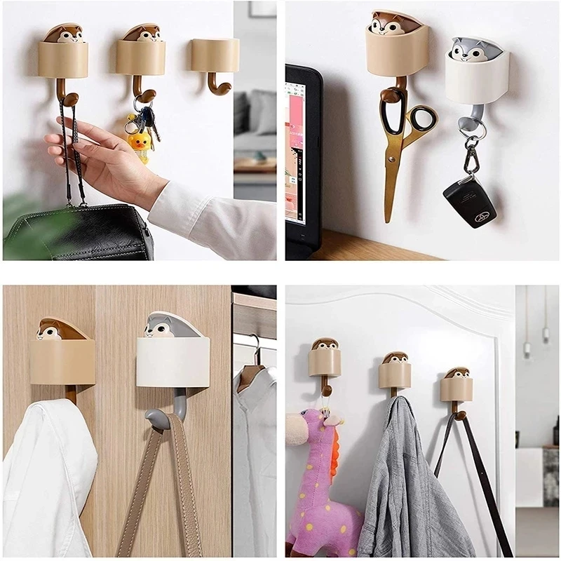 Invisible Pop-Up Cute Squirrel Hook Umbrella Key Hanger Adhesive Wall Mount Hooks for Coat Hat Cellphone Decor Door Organization