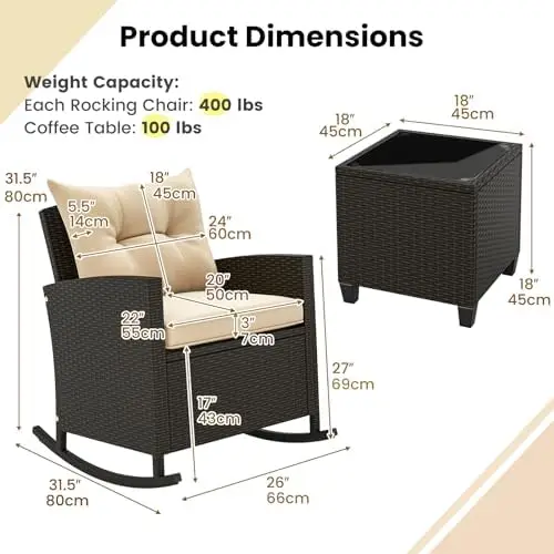 3-Piece Outdoor Wicker Rocking Chair Set with Cushions and Glass Coffee Table, Beige