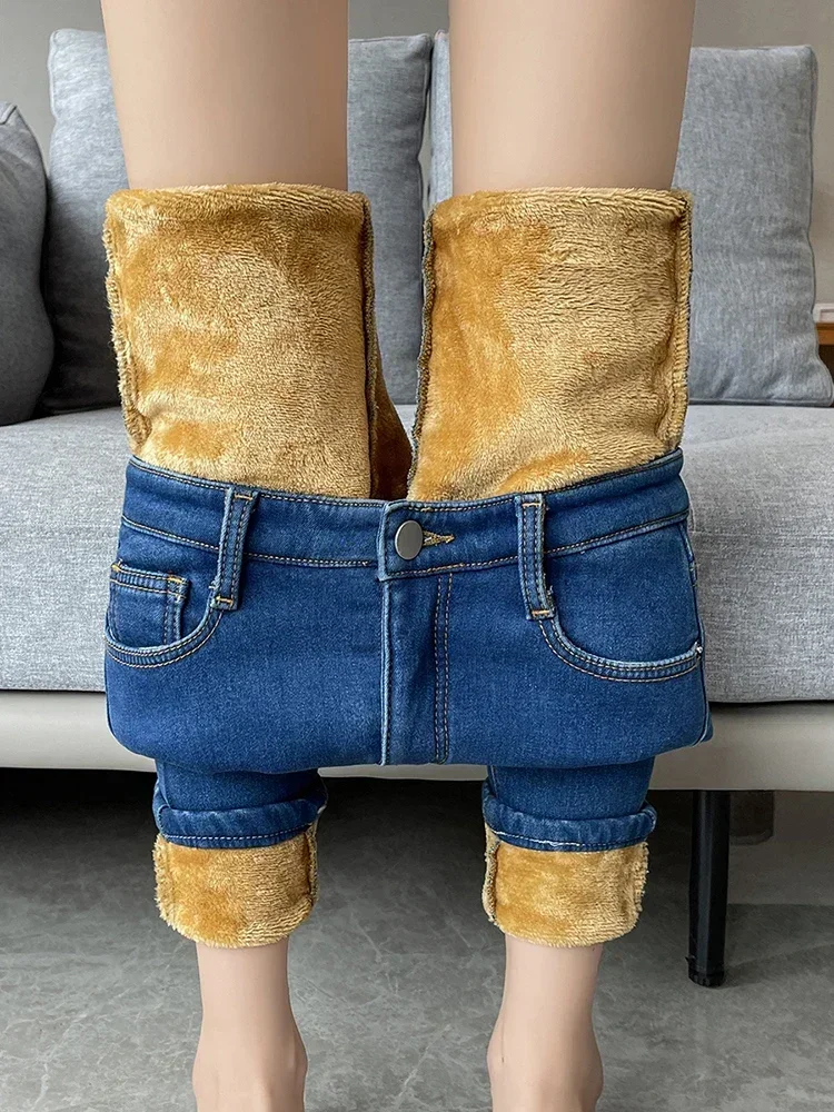 Skinny Women\'s Warm Jeans Winter Thicken Fleece Stretch High Waist Pencil Pants Fashion Korean Black Blue Gray Velvet