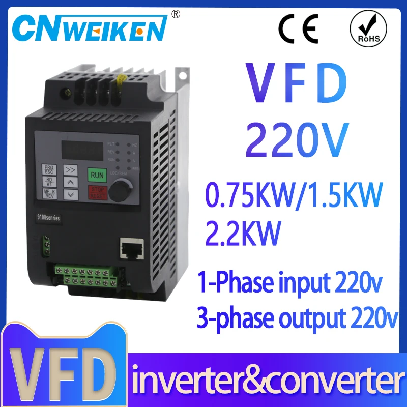 WK600 VFD Inverter 0.75KW-7.5KW Frequency Converter 1-Phase 220V Input 3-Phase 220V/380V Output CNC Spindle Motor Speed Control