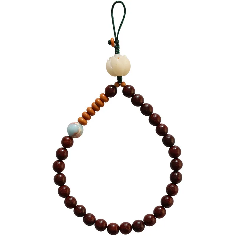 Vintage Lobular Red Sandalwood Phone Pendant Short Wrist Strap Phone Chain for Men and Women Gifts