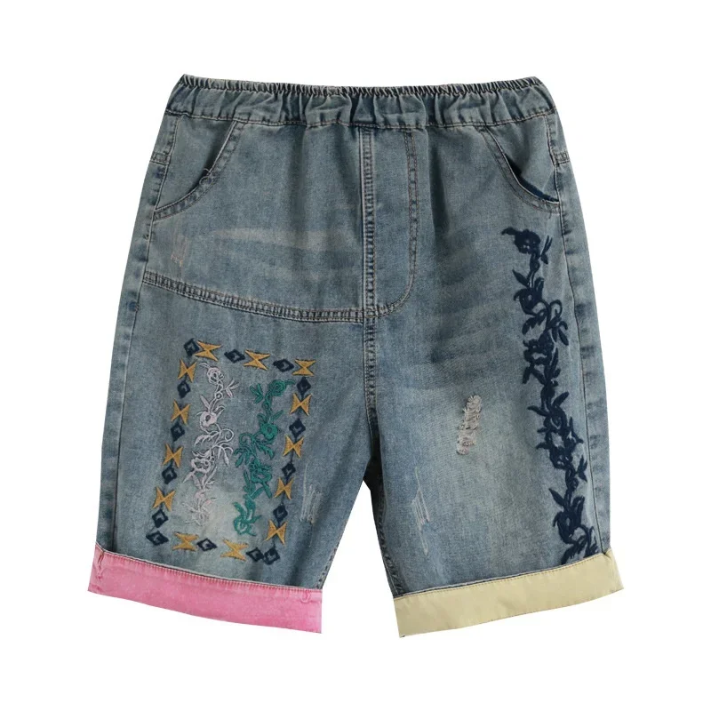 Summer Women Denim Shorts Female Vintage Flowers Embroidery Patch Shorts Woman Elastic Waist Loose Jeans Shorts