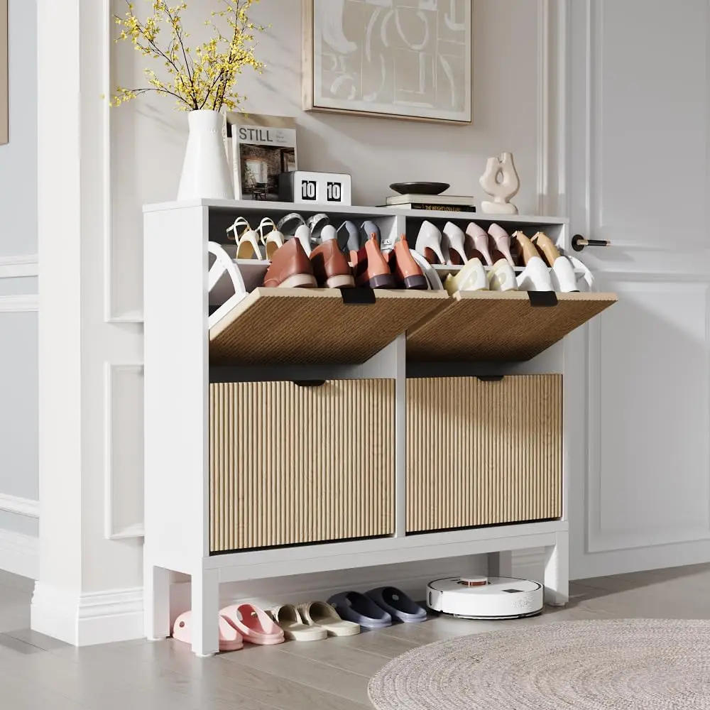 

Shoe Storage Cabinet with 4 Flip Drawers, Farmhouse Fluted Shoe Organizer with Metal Legs, Freestanding Hidden Slim Narrow