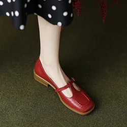 NEW Spring Women's Pumps Genuine Leather Shoes for Women Square Toe Chunky Heel Shoes Retro Low Heel Mary Janes Matrue Red Shoes