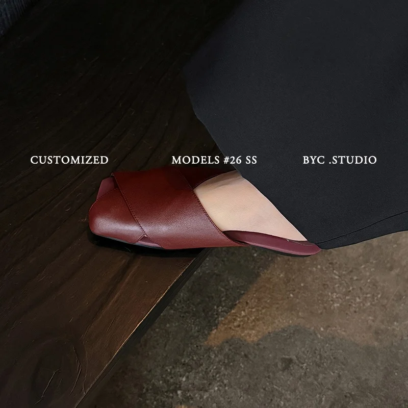 2026 summer women sandals natural leather plus size 22-25.5cm soft sheepskincross-strap mules low heel women slippers fashion