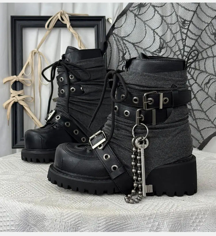 Women Dark Heavy Industry Female Handsome Punk Thick Sole Heightening Short Boots Bundled Metal High-top Shoes Tide