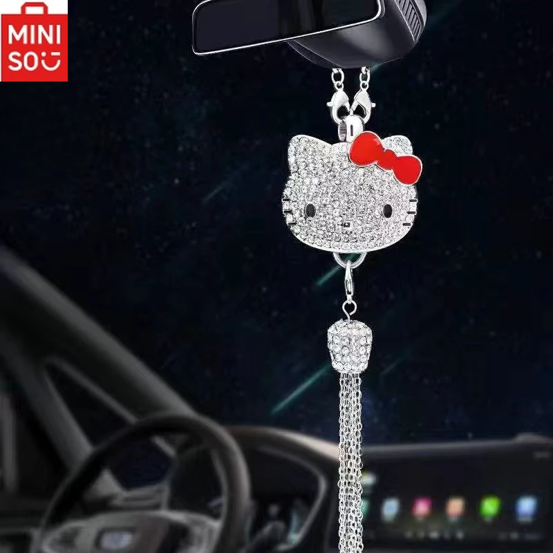 MINISO Hello Kitty Car Rearview Mirror Diamond Pendant Disney Mickey Kawaii Pendant Ladies Car Interior Decoration Pendant