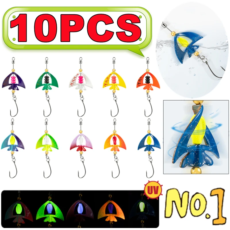 5/10PCS Fish Shape Spinner Baits UV Luminous Spinning Lure Bass Trout Hard Bait Freshwater Rotating Glitter Bait Fishing Tools