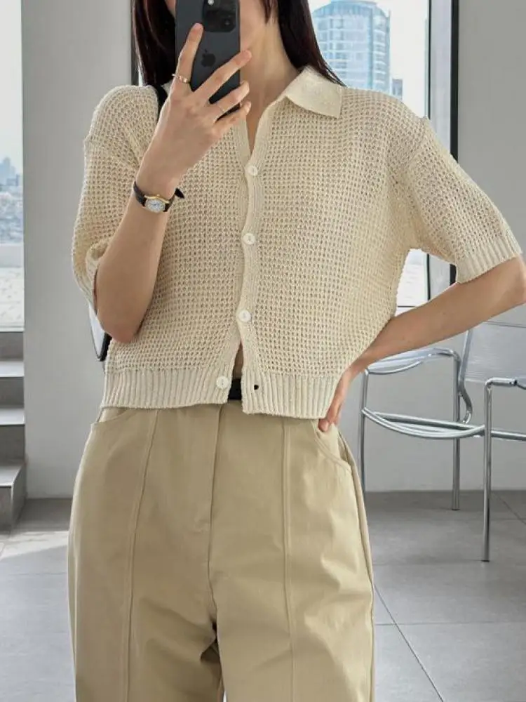 

Summer Blue Pink Fashion Versatile Knit Cardigan T Shirt Women White Office Lady Short Sleeve Single Breasted Festival Tops Chic