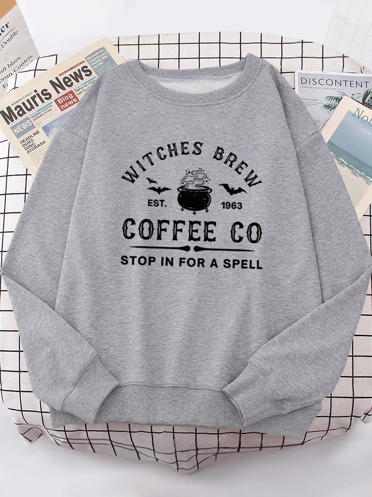 

Witch Brew Coffee Letter Print Простой однотонный свитшот с капюшоном и круглым вырезом с длинными рукавами Теплый джемпер с капюшоном