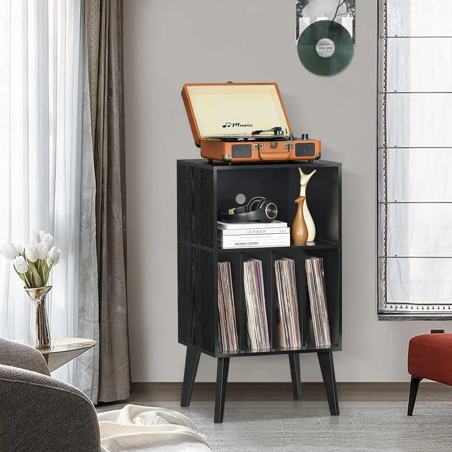 Record Player Stand, Black Turntable Stand Holds up to 160 Albums, Mid-Century Vinyl Storage Cabinet Table with Solid Wood Legs,