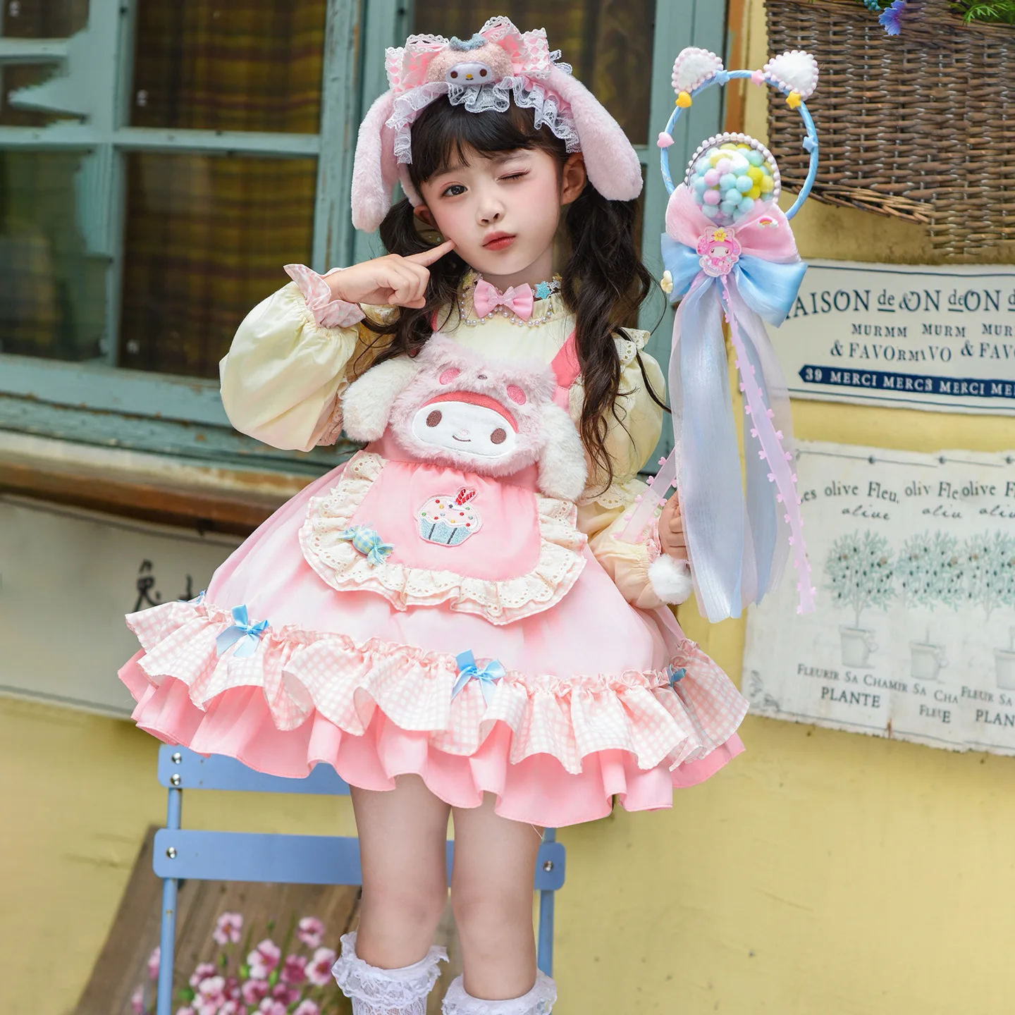 Anime My Melody Mädchen Lolita Prinzessinnenkleid Partykleid für Kinder Schleifendekoration Gerüschter Tüllrock Partykleid Festtagsgeschenk