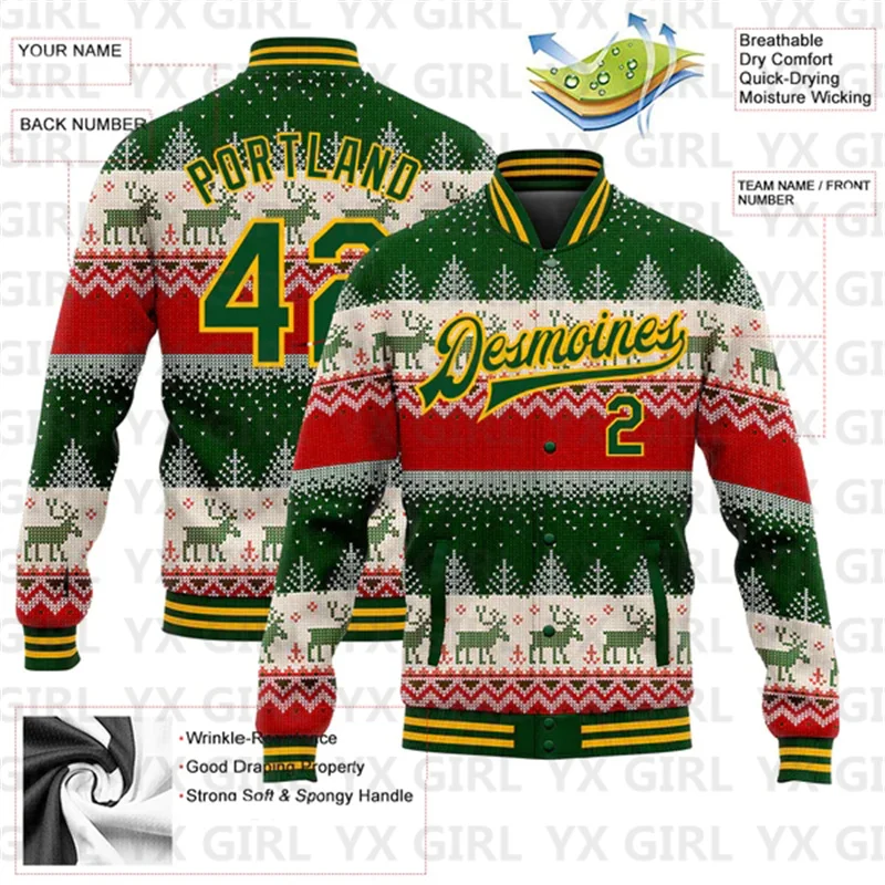 Custom Green Gold Christmas Reindeers 3D Bomber Full-Snap Varsity Letterman Jacket 3D Baseball Button Jacket