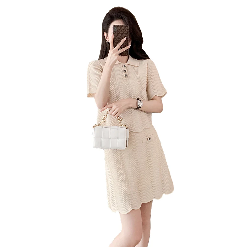 Women's khaki color hollowed out knit 2 pieces set Polo neck short sleeved T-shirt+high waist wrapped hip skirt casual set