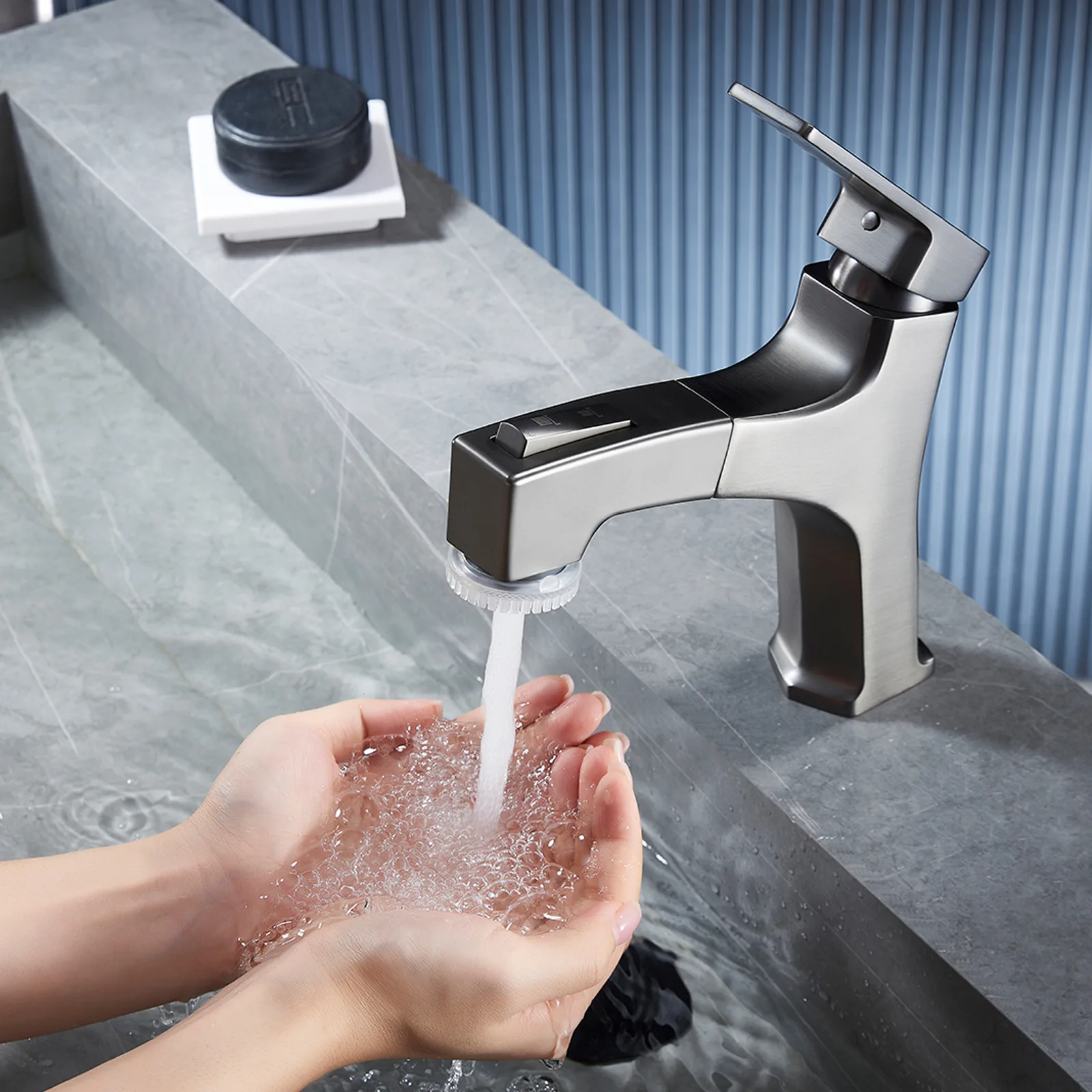 

Bathroom Pull Out Faucet Single Hole Cold and Hot Mixer Tap Deck Mounted 1 Handle Multi Functional Vanity Sink Faucets Gray