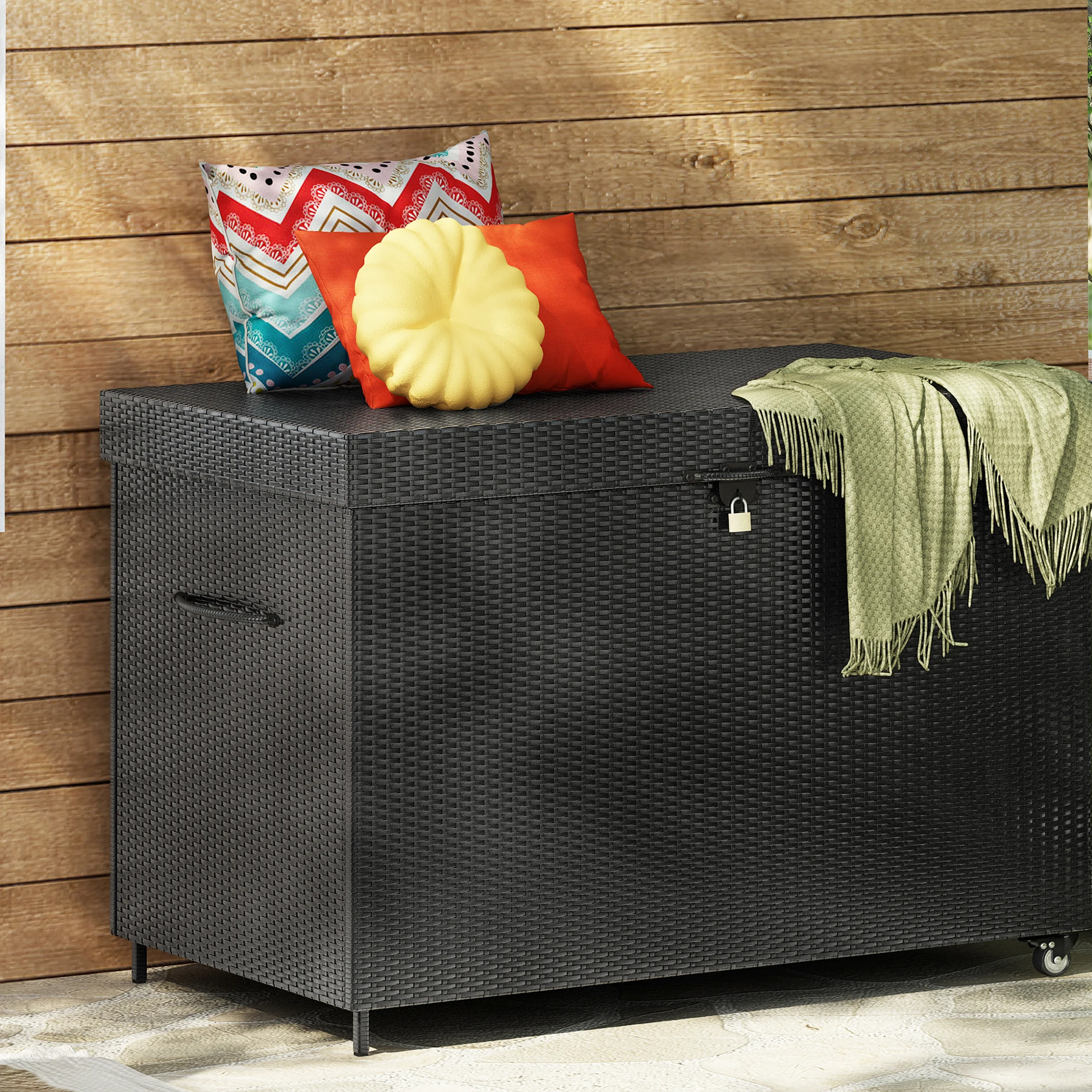 

230 Gallon Outdoor Storage Box with Wheels, Rattan Tool Organizer, Storage Container for Patio Furniture Pool Garden Organizers