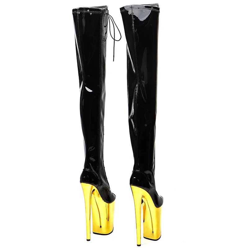 Leecabe  23CM/9inches Patent  PU  upper Sexy boots  Open Toe Gold  electroplate High Heels Platform Pole Dance shoes