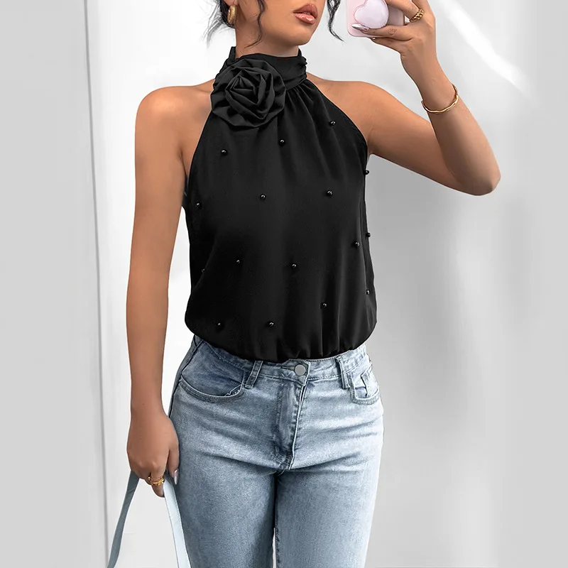 2025 Nieuwe Mode Amerikaanse Europese vrouwen Zwarte Effen Kleur Mouwloze Elegante 3d Bloem Opknoping-hals Speelpakjes Vrouwelijke Romper