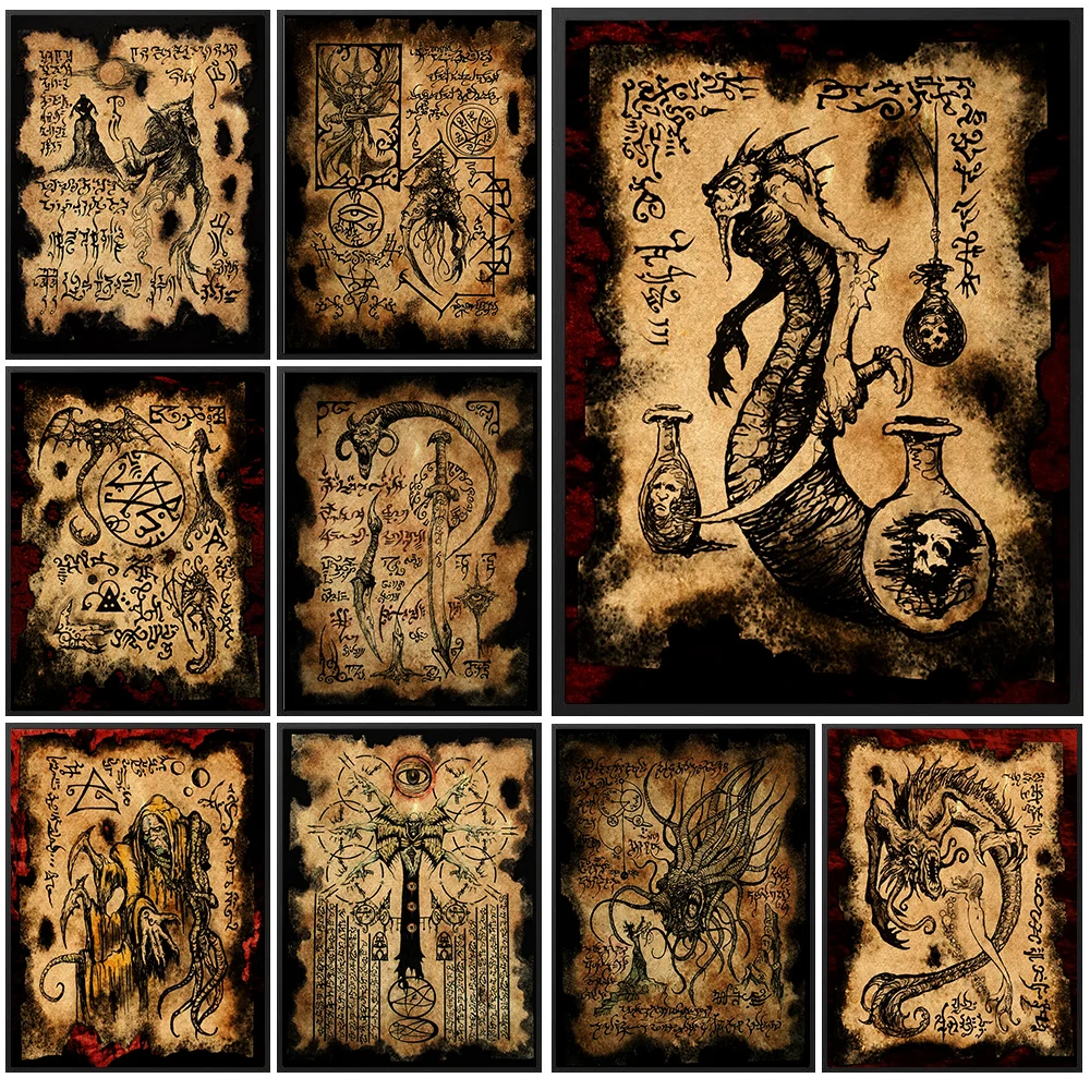 

Vintage Cthulhu Mythology Canvas Painting,Dark Occult Witchcraft Demon Goddess Wall Art,Retro Grimoire Scroll Horror Poster