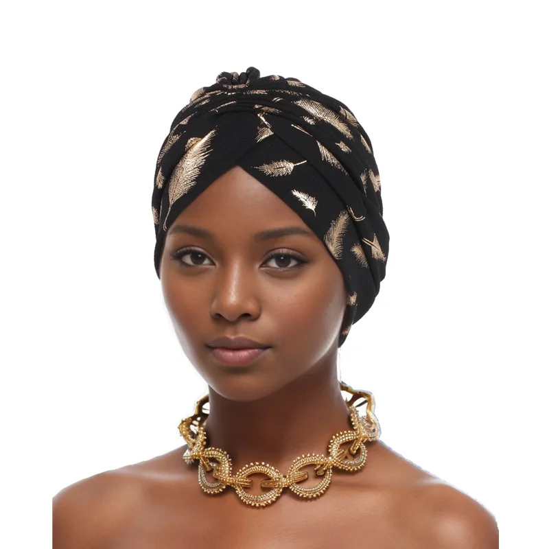 

Leaves Bronzing Knotted Twist Turban Cap Pleated Female Head Wraps Beanie African Pre Tied Headscarf Bonnet Headband Hat