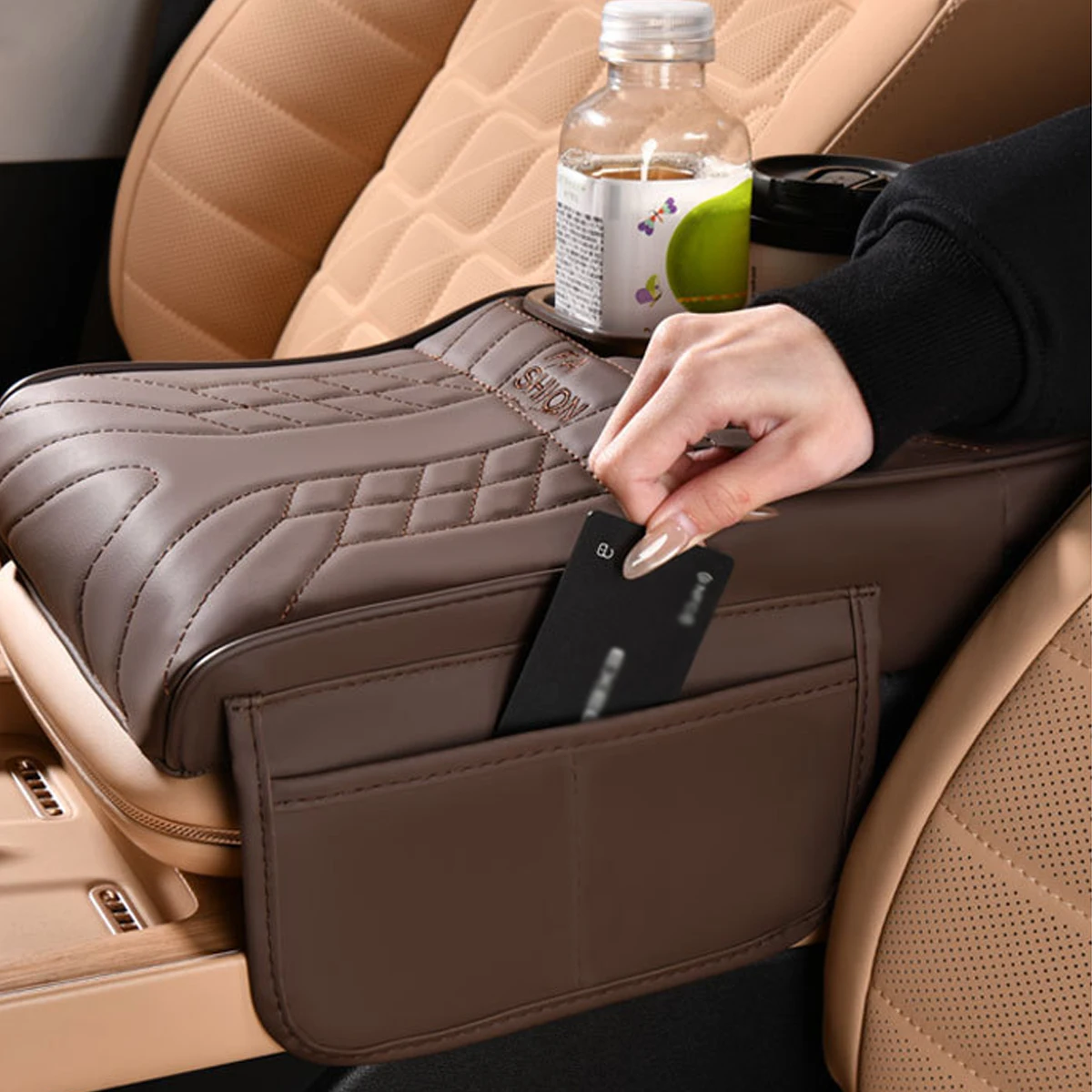 Multifunctional Car Armrest Cushion, Center Console Cover with Tissue Holder, Cup Slot and Side Pockets view 4