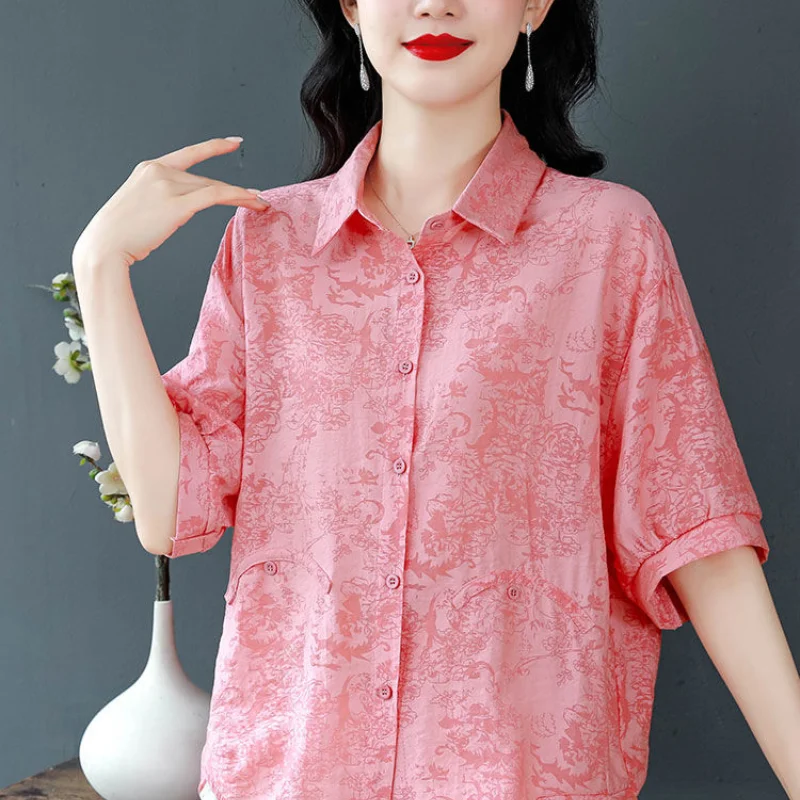 2024 New Summer Korean Fashion Elegant Minimalist Loose Blouses Thin Half Sleeves Polo Collar Printed Button Women\'s Shirt Top