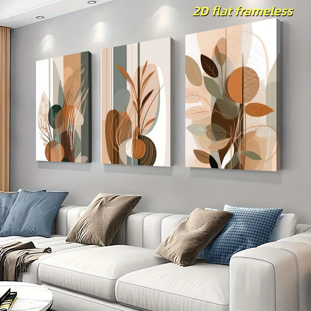3-piece set of modern abstract geometric plant canvas posters, elegant Morandi color home wall decoration 2D flat printing frame