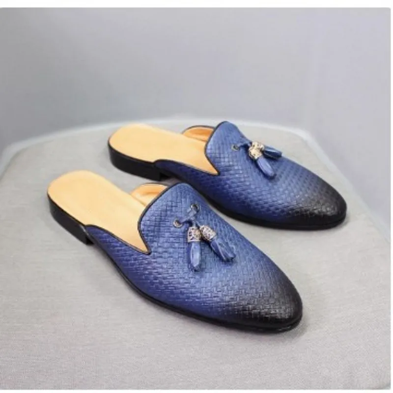 Genuine Leather Men Half Slippers Fashion Cover toe Tassel Fringe Mens Slides Loafers Shoes