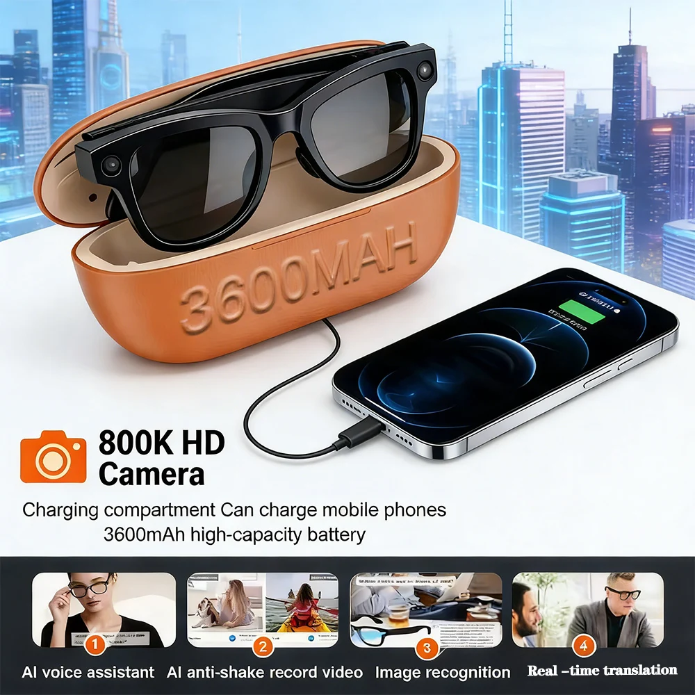Nouvelles Lunettes Intelligentes IA 2026 avec Caméra 4K 800W, ChatGPT, Photos & Vidéos, Étui de Charge 3600mAh, Power Bank, Traduction 32 Go et Musique
