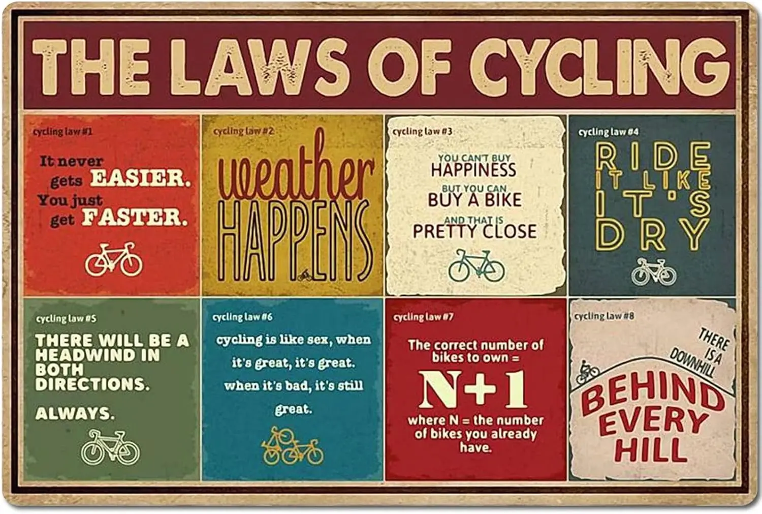 Pzecaru Bicycle Tin Sign Vintage Retro Metal Poster THE LAWS OF CYCLING Wall Art Hanging Decorative Plaque For Farm Bedroom sign